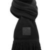 Knitted Long Scarf, Schwarz Lang Schal mit Fransen und 100% Echt-Lederveredelung