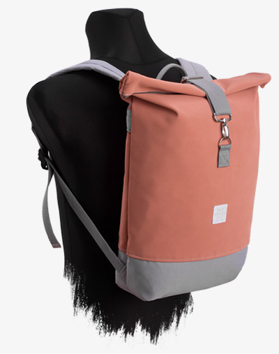 Lachs rosa Roll-Top Backpack Rucksack Rollrucksack mit Rollverschluss zum rollen Fahradrucksack kurierrucksack großer groß kunstleder vegan