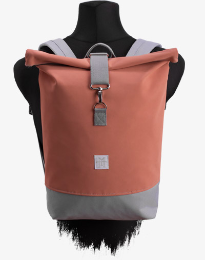 Lachs rosa Roll-Top Backpack Rucksack Rollrucksack mit Rollverschluss zum rollen Fahradrucksack kurierrucksack großer groß kunstleder vegan