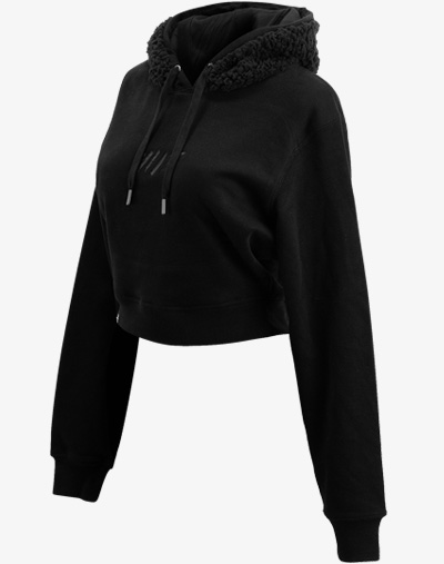 schwarz black out teddy teddybär flauschig fell crop hoodie Cropped Hoodie Damen bauchfrei kurz crop cut